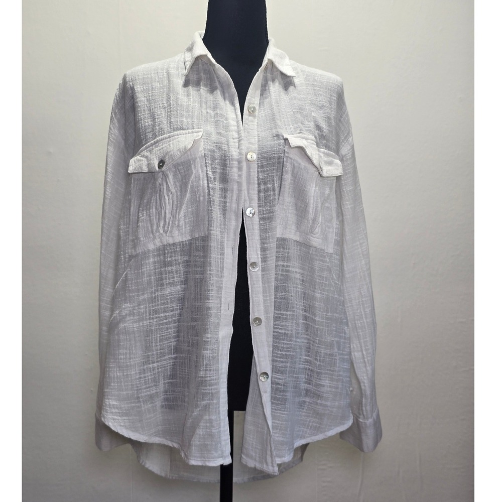 Forever 21 Contemporary Women Blouse Size L White Sheer Cotton beachy vacation